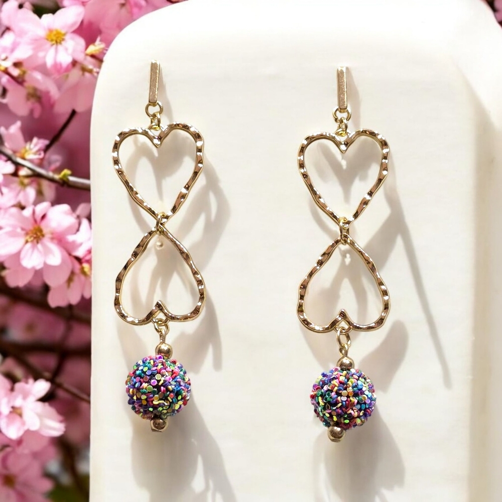 Handmade Elegant Gold Toned Heart Earrings with Multicolor Beads